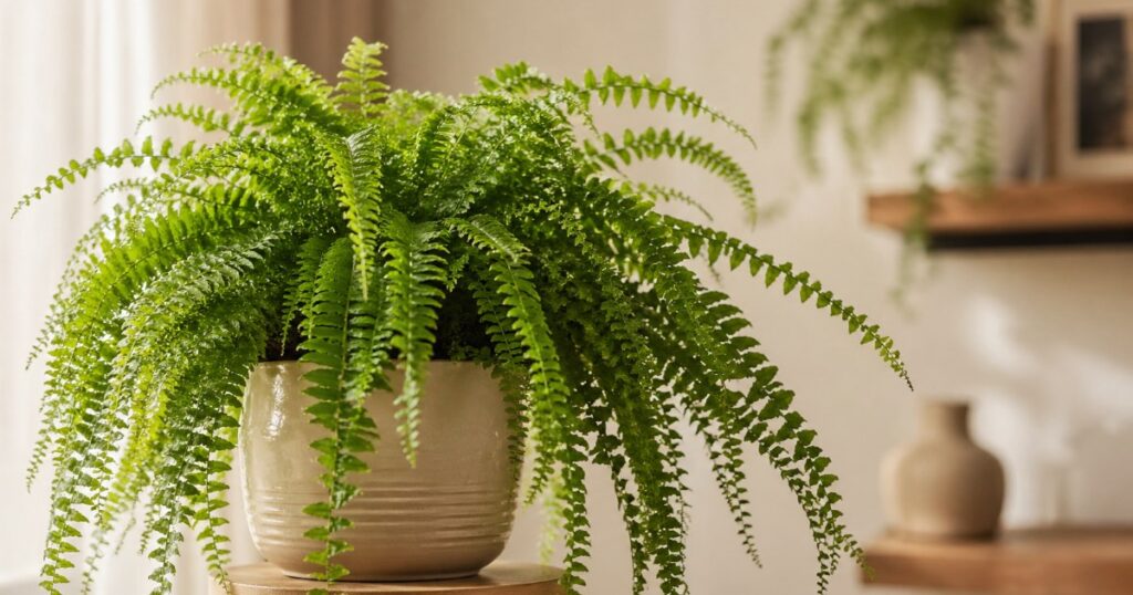 Samambaia saudável em banheiro claro com luz natural indireta