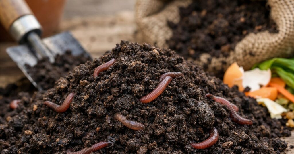 Farelo orgânico fermentado sendo medido para uso no solo