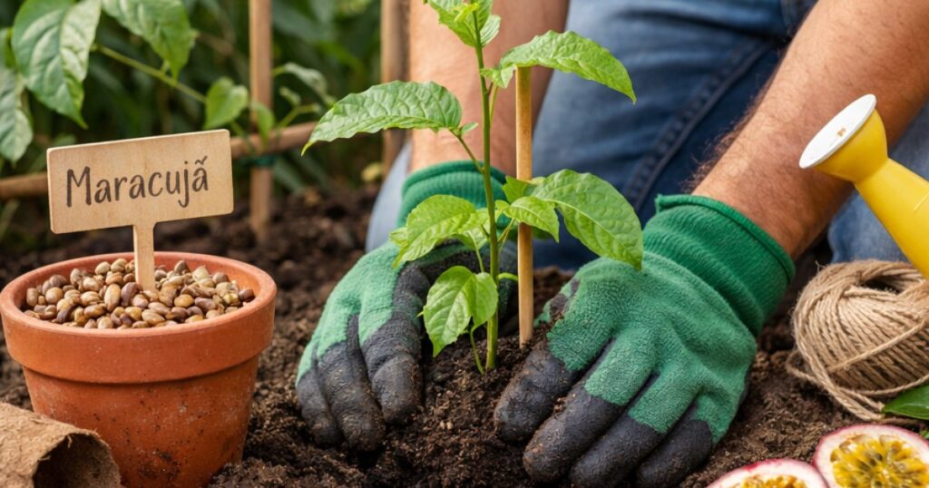Flor e fruto jovem de maracujá usados para avaliar o pegamento
